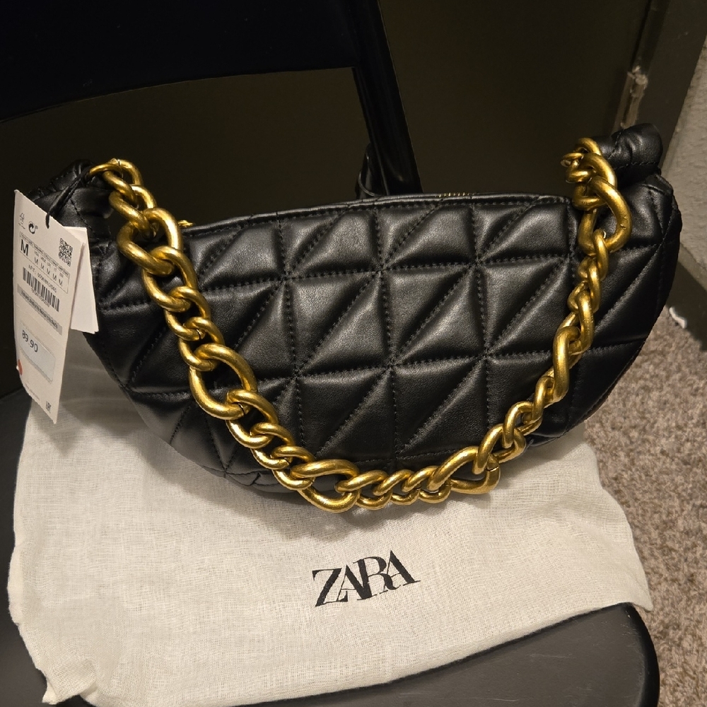 Zara Quilted Black Bag with Bold Gold Chain
